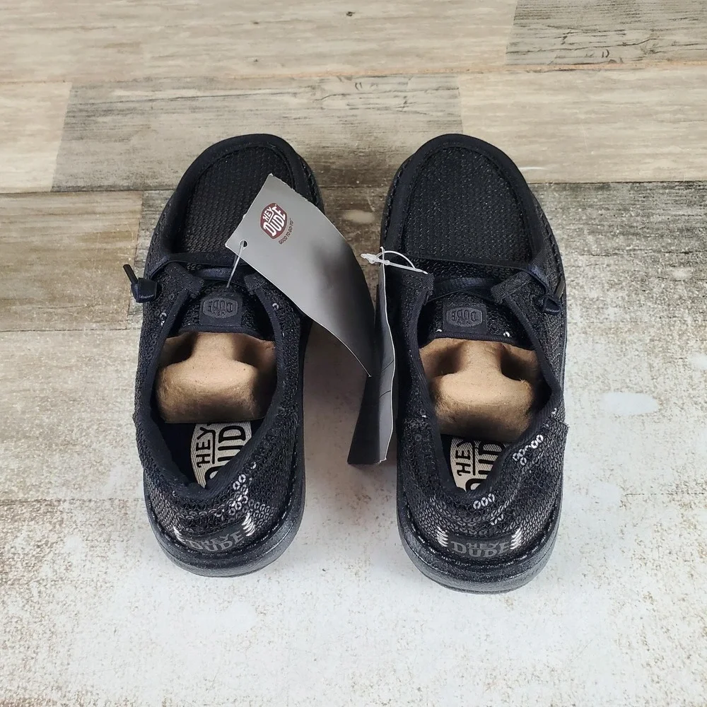 Hey Dude Wendy Funk Mono Sequin Kids Loafer Shoes Sz 13 C13 Black Round Toe